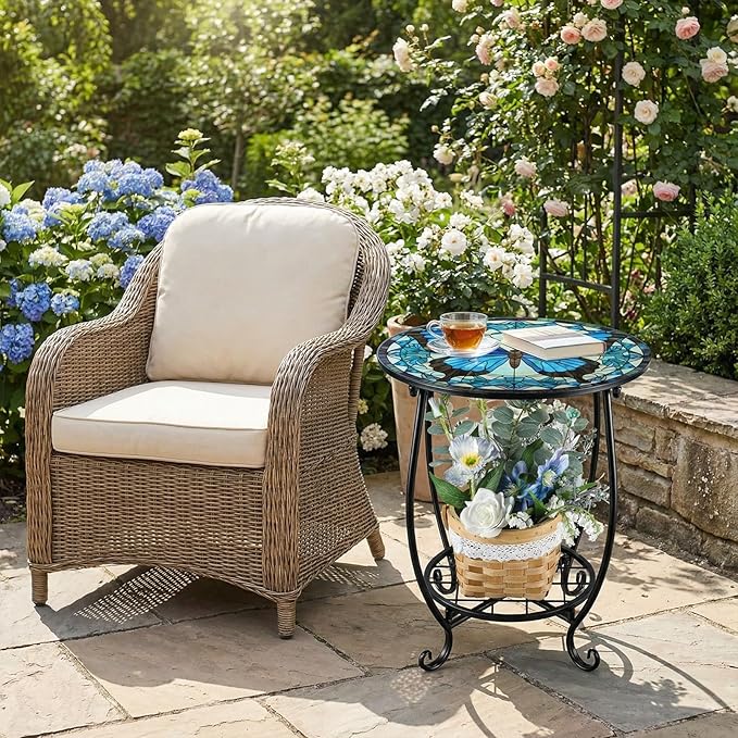 Outdoor Side Table Round Small Mosaic Patio Accent Indoor End Plant Coffee Tea - Image 2