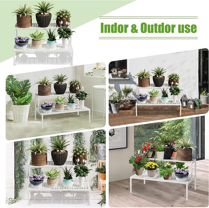 Metal Plant Stand Metal 2 Tier Potted Multiple Flower Pot Holder Plant Shelf - Image 6