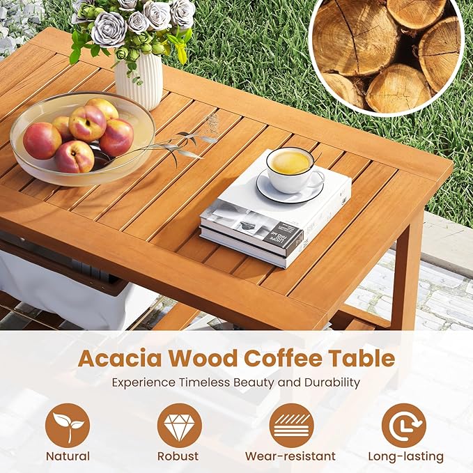 Tangkula Outdoor Acacia Wood Coffee Table, Patio 29.5” Rectangle Slatted 2 Tier - Image 6