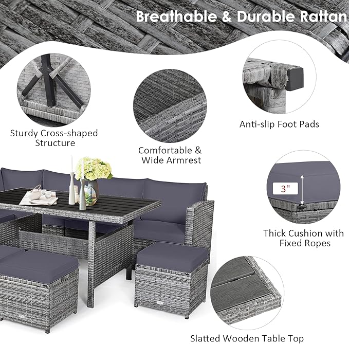 Tangkula 7 Pieces Patio Furniture Set, Outdoor Sectional Rattan Dining Sofa Set - Image 6