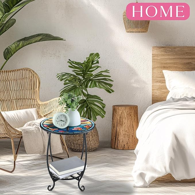Outdoor Side Table Round Small Mosaic Patio Accent Indoor End Plant Coffee Tea - Image 4