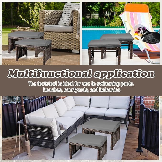 2 Pcs Patio Rattan Ottomans Outdoor Wicker Ottomans Patio Footstool Footrest - Image 6