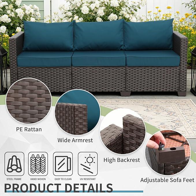 WAROOM Patio Couch PE Rattan 3-Seat Outdoor Sofa Brown Wicker Furniture Set - Image 4