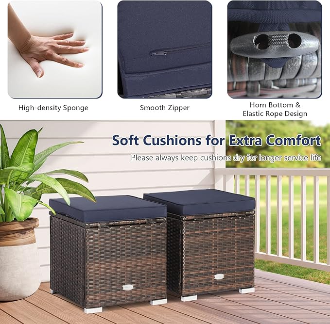 Tangkula 2 Pieces Patio Ottomans, Patiojoy Hand-Woven PE Rattan Side Table - Image 6
