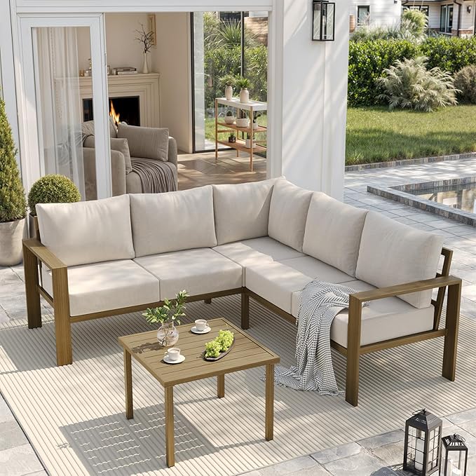 UDPATIO 6 Piece Patio Furniture Set, Faux Wood Metal Outdoor Sectional Sofa by UDPATIO