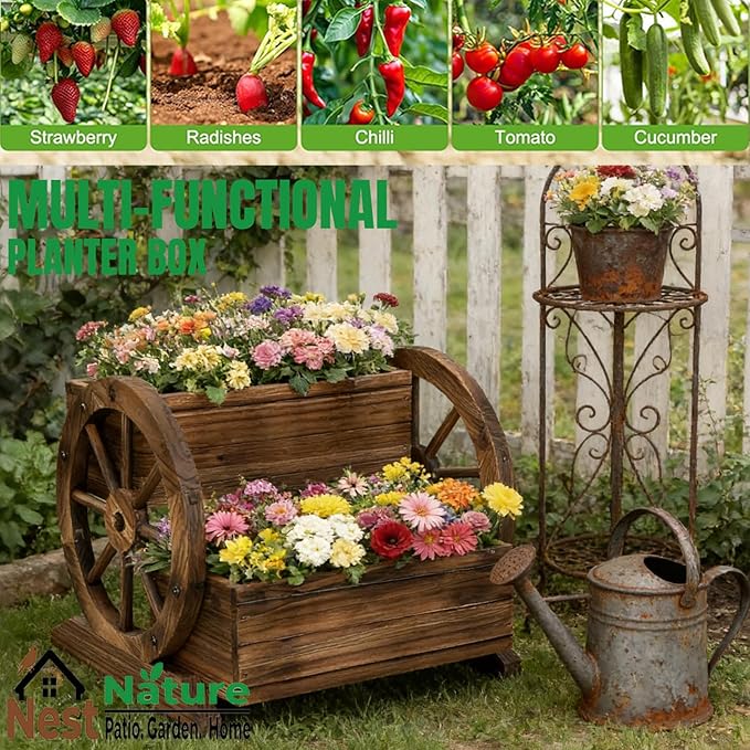 NestNature Wooden Wagon Planter Box, Raised Garden Bed, Decorative Garden - Image 5