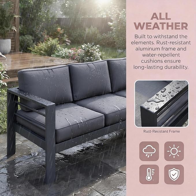 Kiss the Water Outdoor Couch Aluminum Patio Furniture Sofa, 3 Seat All-Weather - Image 7