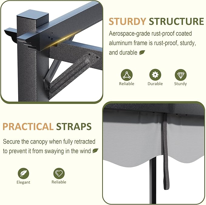 10'x12' Outdoor Pergola with Retractable Canopy, Patio Metal Heavy-Duty Gazebo - Image 4