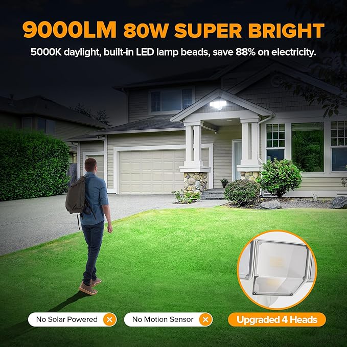 LUTEC 80W Dusk to Dawn Flood Lights Outdoor, 9000LM Super Bright LED Security - Image 2