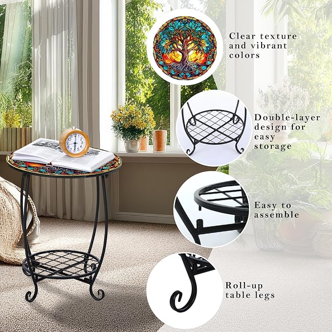 Outdoor Side Table Round Small Mosaic Patio Accent Indoor End Plant Coffee Tea - Image 4