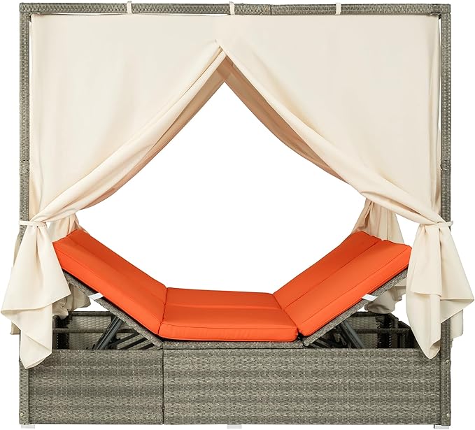 Patio Chaise Lounge, Four-sided Canopy, Overhead Curtain and Orange Cushion - Image 5