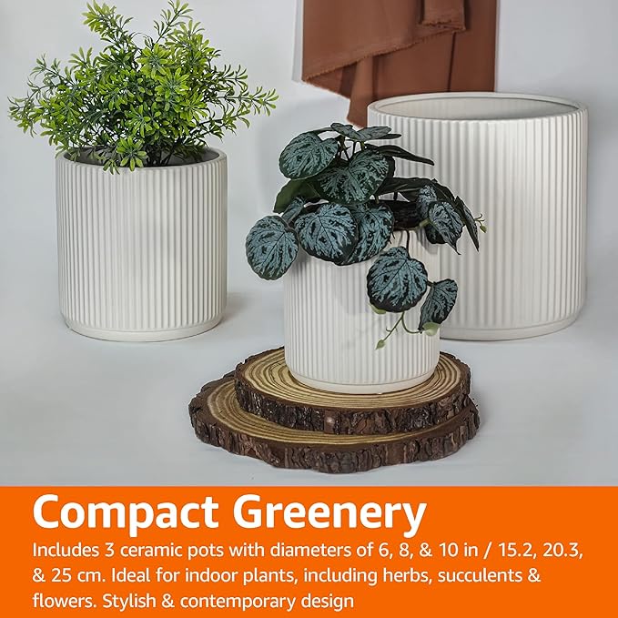 Amazon Basics Assorted Sizes Fluted Ceramic Round Indoor Outdoor Planters - Image 7