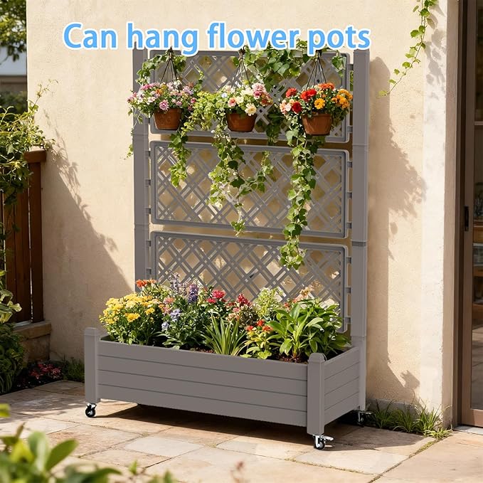 Mobile Garden Planter with Trellis & Lockable Wheels, Outdoor Raised Bed with - Image 5