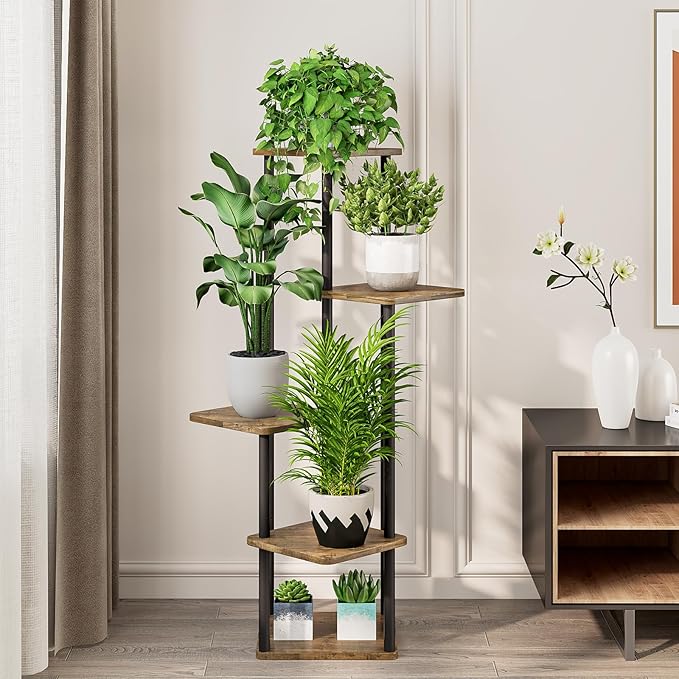 5 Tier Plant Stand Indoor, Thickened Metal Wood Corner Plant Shelf Stands - Image 5