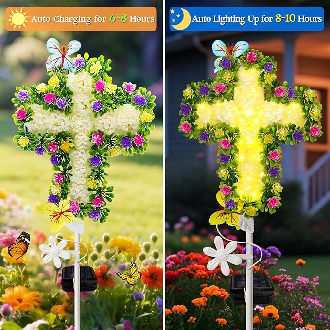 YJFWAL Solar Flower Cross for Cemetery Grave, Grave Decorations for Cemetery - Image 2