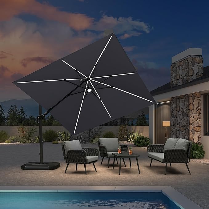 PURPLE LEAF 10 Feet Patio Umbrella Outdoor Cantilever Solar Powered LED Swivel by PURPLELEAF