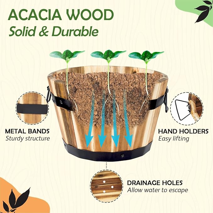 Idzo Set of 3 Wooden Flower Boxes Outdoor, Durable Acacia Wood Barrel Planters - Image 5