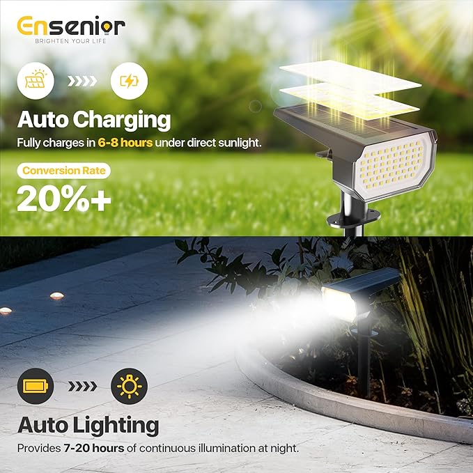 Ensenior Solar Spotlights Outdoor, 56 LEDs Brightness Adjustable 6500K LED - Image 2