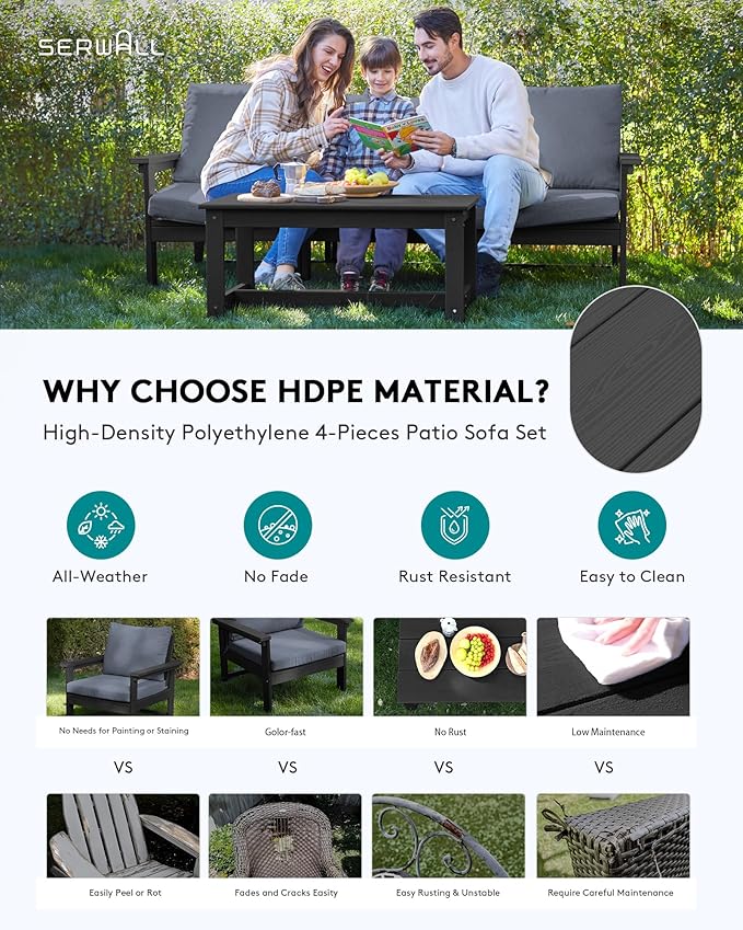 SERWALL HDPE Patio Sofa Set, 4-piece Sectional Outdoor Furniture Set, All - Image 3