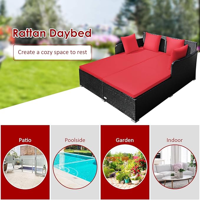 Tangkula Outdoor Rattan Daybed, Sunbed Wicker Furniture w/Spacious Seat - Image 9