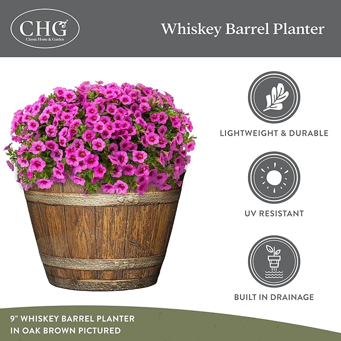 Classic Home and Garden Whiskey Plastic Resin Flower Pot Barrel Planter - Image 4