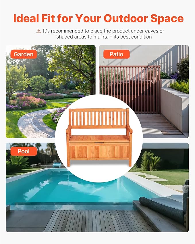 VEVOR Outdoor Storage Bench, 2-Person Wooden Storage Bench, 33 Gallons Deck Box - Image 8