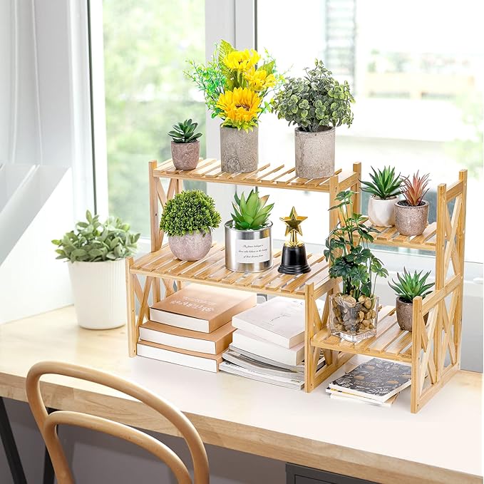 Lawei 2 Tier Bamboo Tabletop Plant Stand, Adjustable Flower Pot Holder Shelf - Image 5