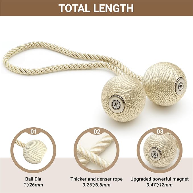 Hion Magnetic Curtain Tiebacks Beige 2pcs, Curtain Tiebacks Buckles Holdbacks - Image 2
