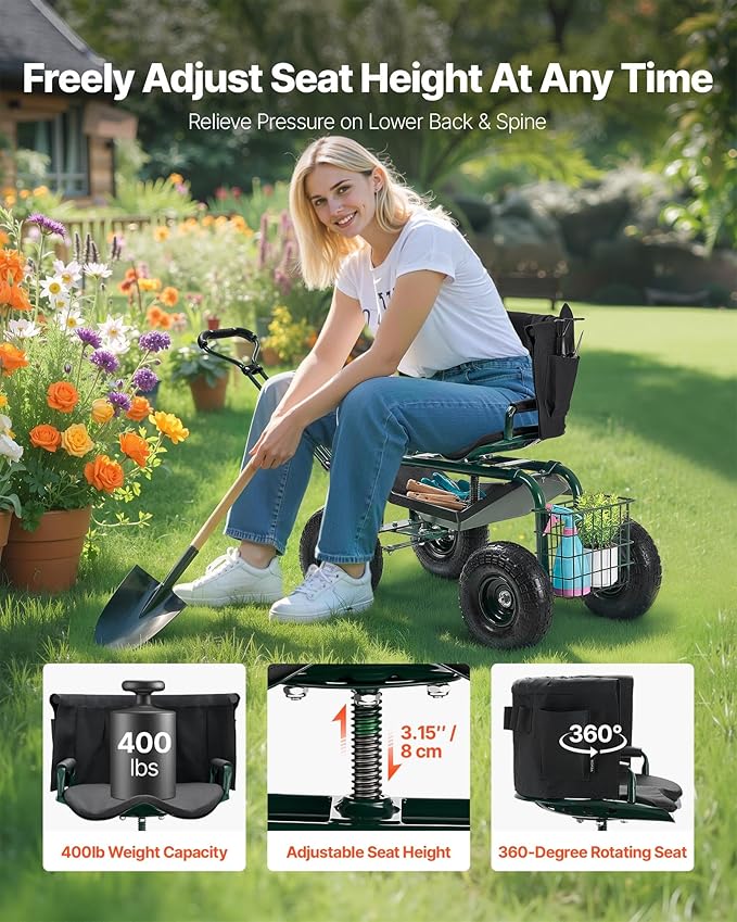 VEVOR Garden Seat with Wheels, Rolling Garden Stool with Height Adjustable & - Image 2