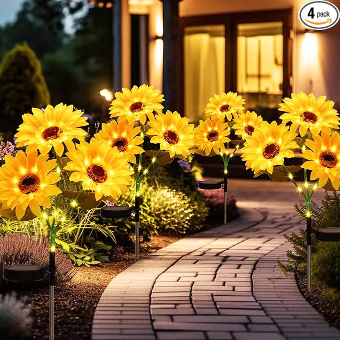 echosari 4 Pack Solar Lights Outdoor Waterproof, Sunflower Solar Stake Lights by echosari