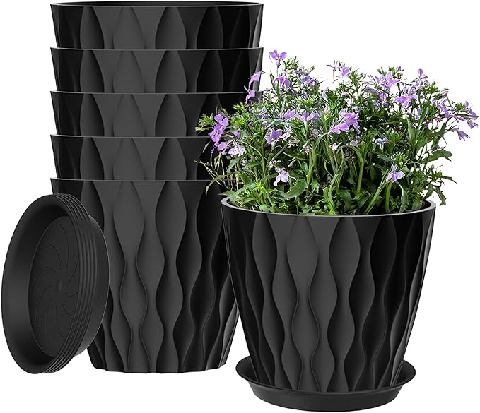 6 Pack 7 Inch Plant Pots with Drainage and Saucers, Stackable Nursery Planters by zople