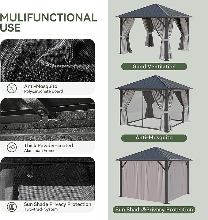 Aoxun Hardtop Gazebo 10x10, Aluminum Frame Canopy - Image 7