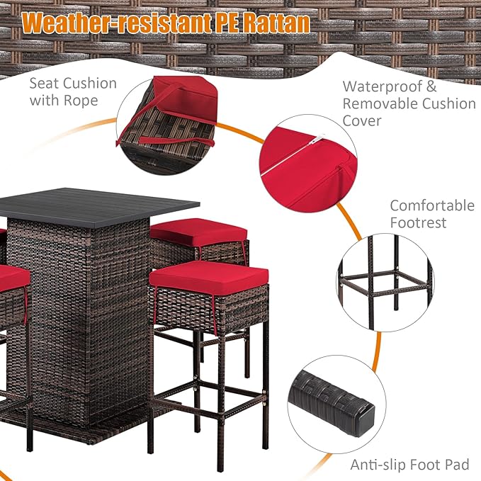 Tangkula 5 Piece Outdoor Rattan Bar Set, Patio Bar Furniture - Image 7