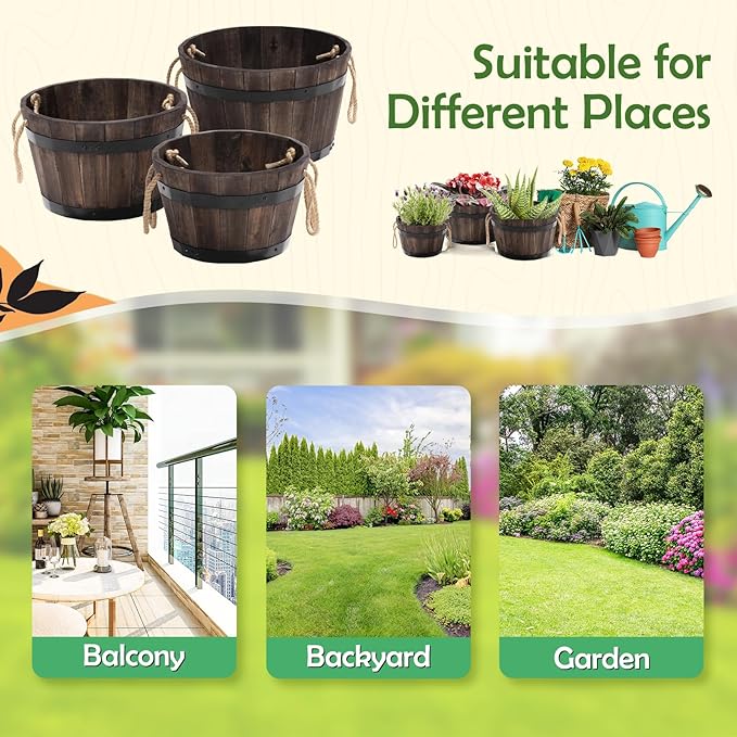Set of 3 Wooden Flower Boxes Outdoor, Durable Acacia Wood Barrel Planters - Image 6