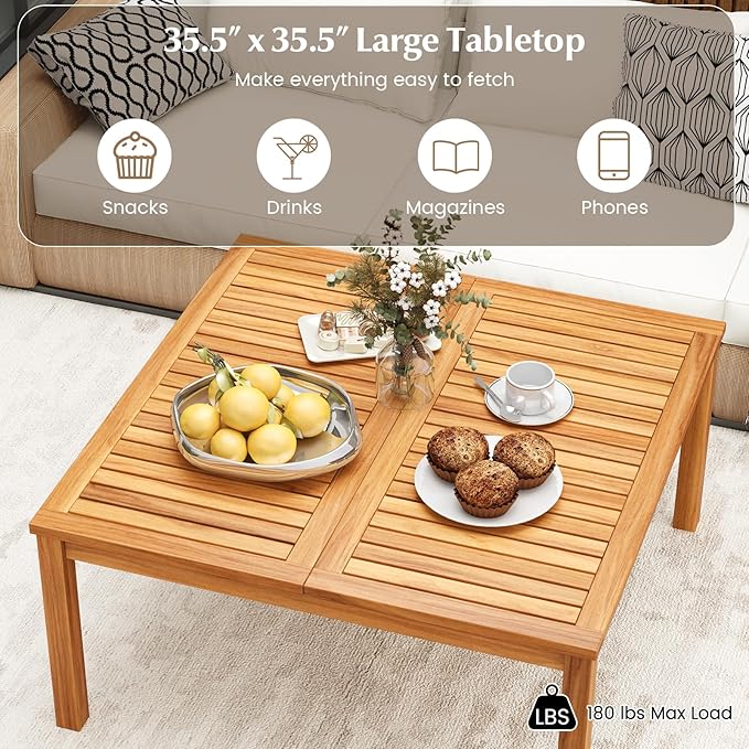 Tangkula Patio Wood Coffee Table, Solid Acacia Wood 35.5 Inches Side Table - Image 6