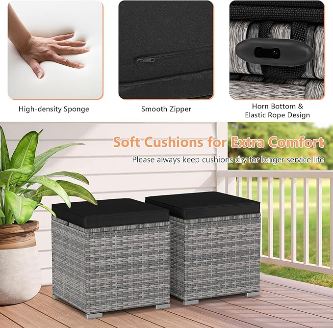 Tangkula 2 Pieces Patio Ottomans, Patiojoy Hand-Woven PE Rattan Side Table - Image 4