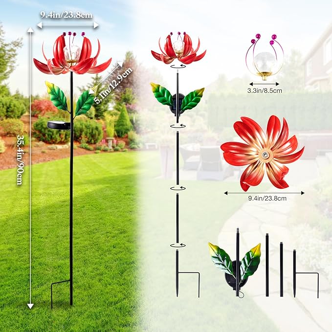 Solar Lights Outdoor Wind Spinners, Metal Lotus Flower Garden Decor - Image 4