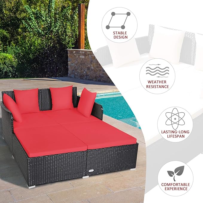 COSTWAY Outdoor Patio Rattan Daybed, Sponge Cushioned Loveseat Sofa - Image 6