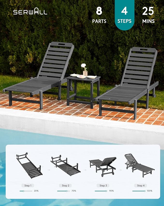 SERWALL Outdoor Chaise Lounge Set of 8, HDPE Pool Lounge Chairs - Image 9