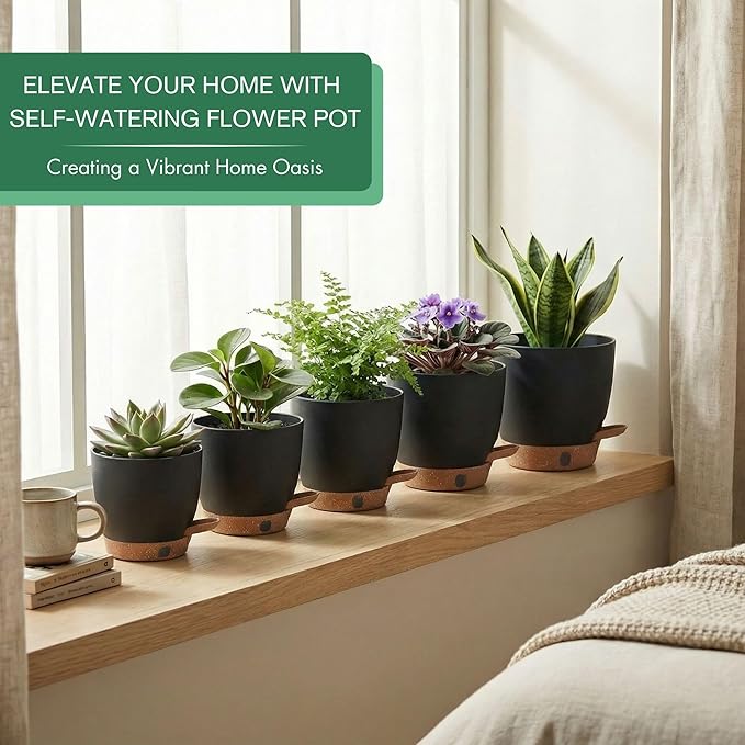 montresor 5-Pack Self-Watering Plastic Plant Pots 5/5.5/6/6.5/7 Inch– Black - Image 5