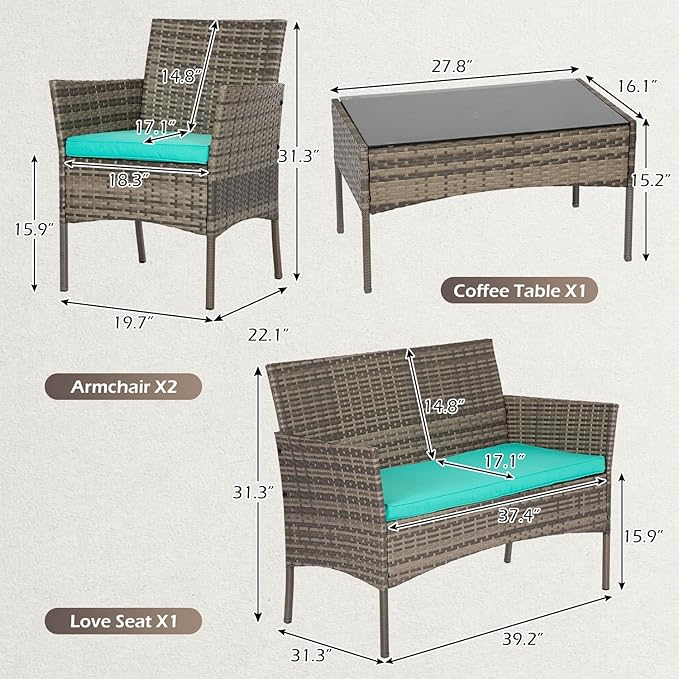 FDW | 4-Piece Patio Furniture Set | Gray & Blue | Outdoor Wicker Furniture - Image 3
