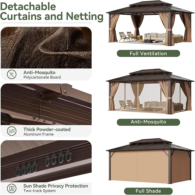 Aoxun 12'x16' Hardtop Gazebo, Aluminum Frame Permanent Pavilion - Image 6