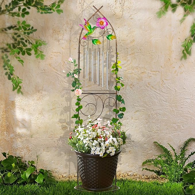 Plant Stands with Garden Trellis, 48” Metal Standing Wind Chimes Plant Pot - Image 7