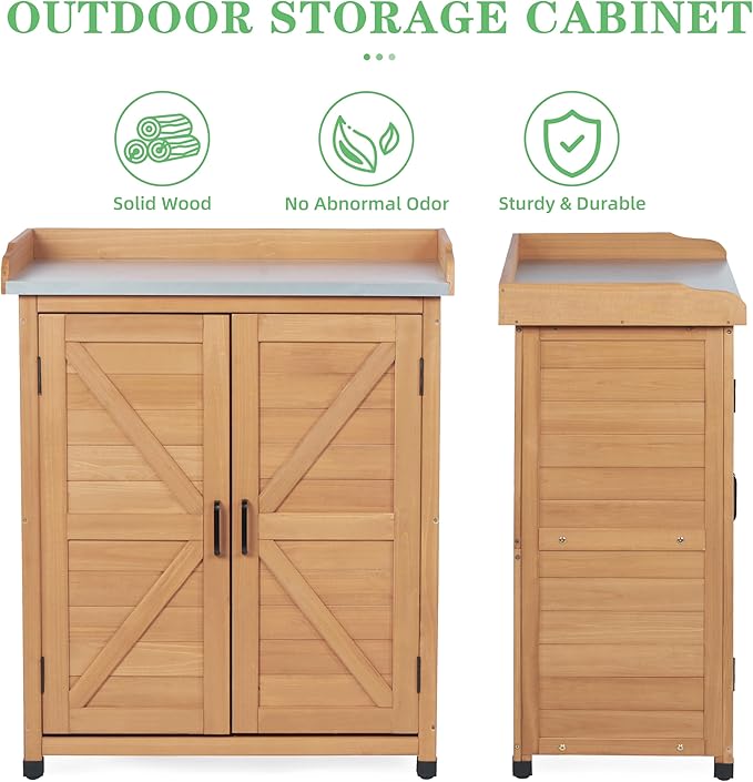 Outdoor Potting Bench with Storage Cabinet and Metal Top, Wood Workstation - Image 4