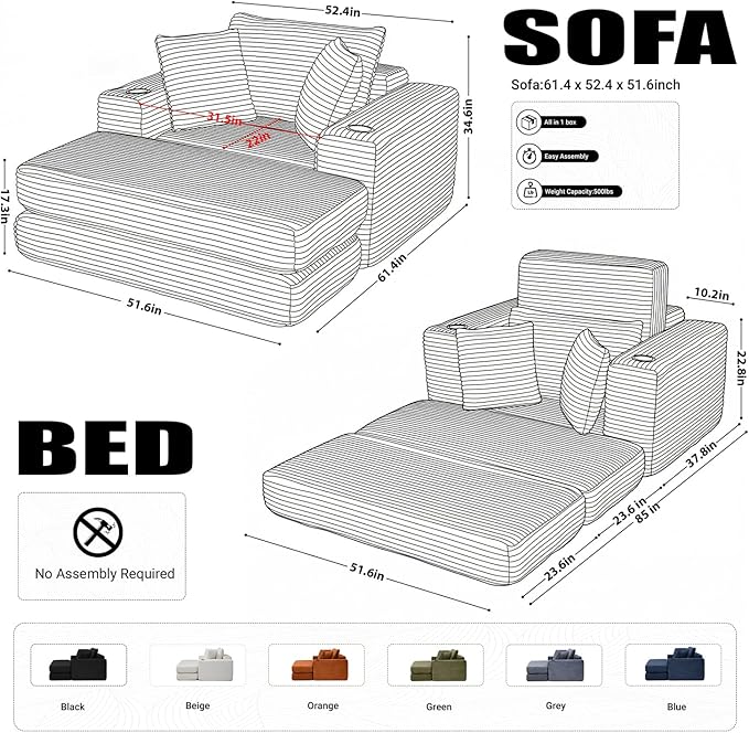 HANXIN 62" Chaise Lounge Chair Indoor, Oversized Corduroy Boneless Convertible - Image 2