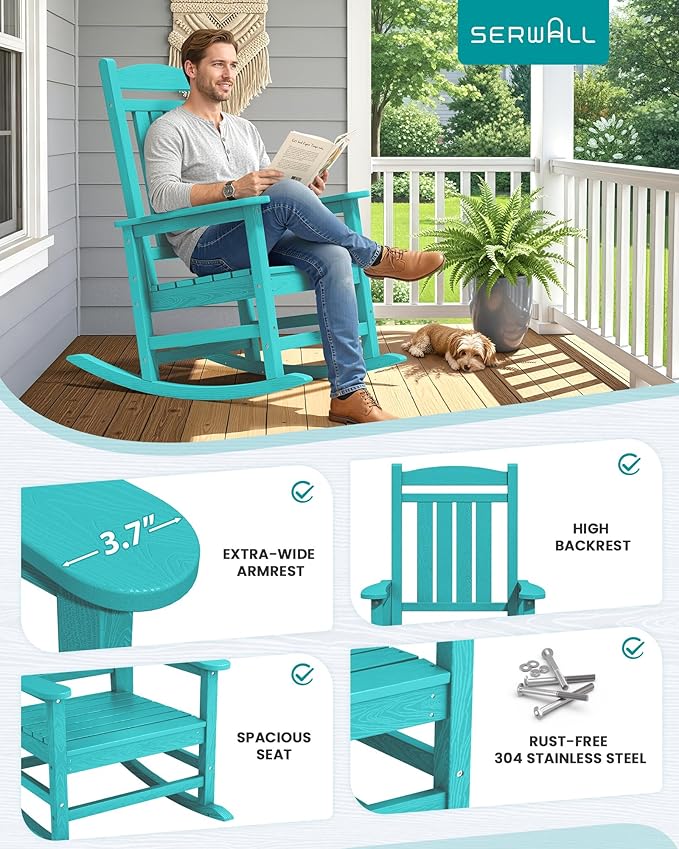 SERWALL HDPE Outdoor Rocking Chair Set of 2, Patio Rocking Chairs, All-Weather - Image 7