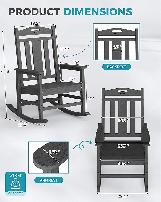 Ciokea Oversized Outdoor Rocking Chairs Set of 3, 380lbs Heavy-Duty Large Patio - Image 3