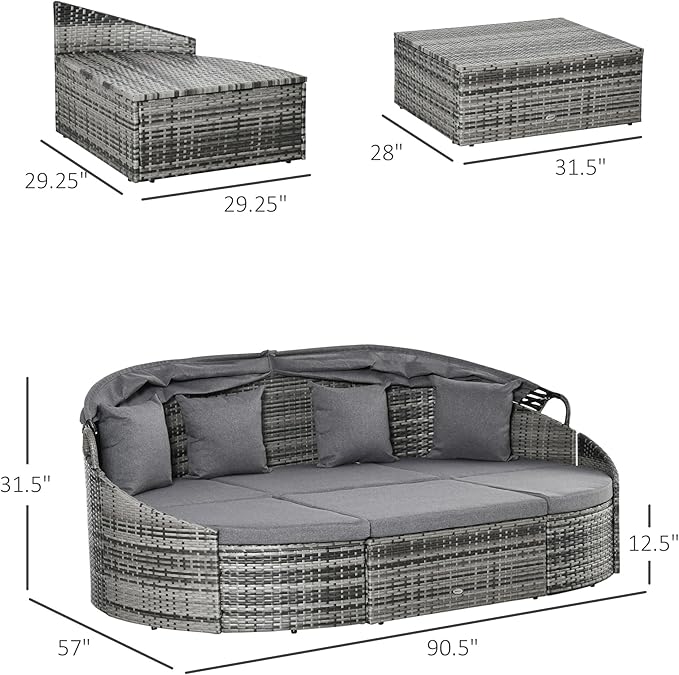 Outsunny 4-Piece Outdoor Rattan Furniture Set, Round Convertible Patio Daybed - Image 7