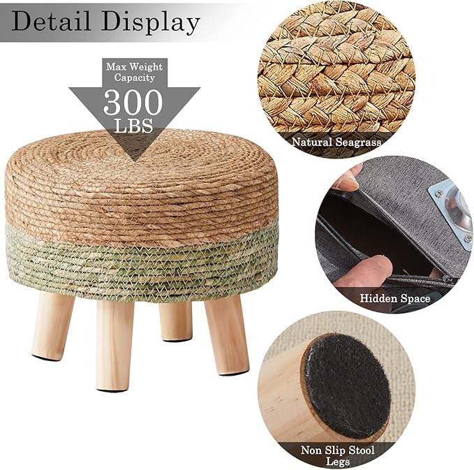 Cpintltr Ottoman Natural Seagrass Footrest Poufs Hand Weave Round Foot Stool - Image 5