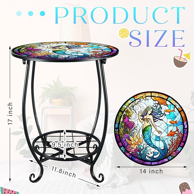 Outdoor Side Table Round Small Mosaic Patio Accent Indoor End Plant Coffee Tea - Image 3